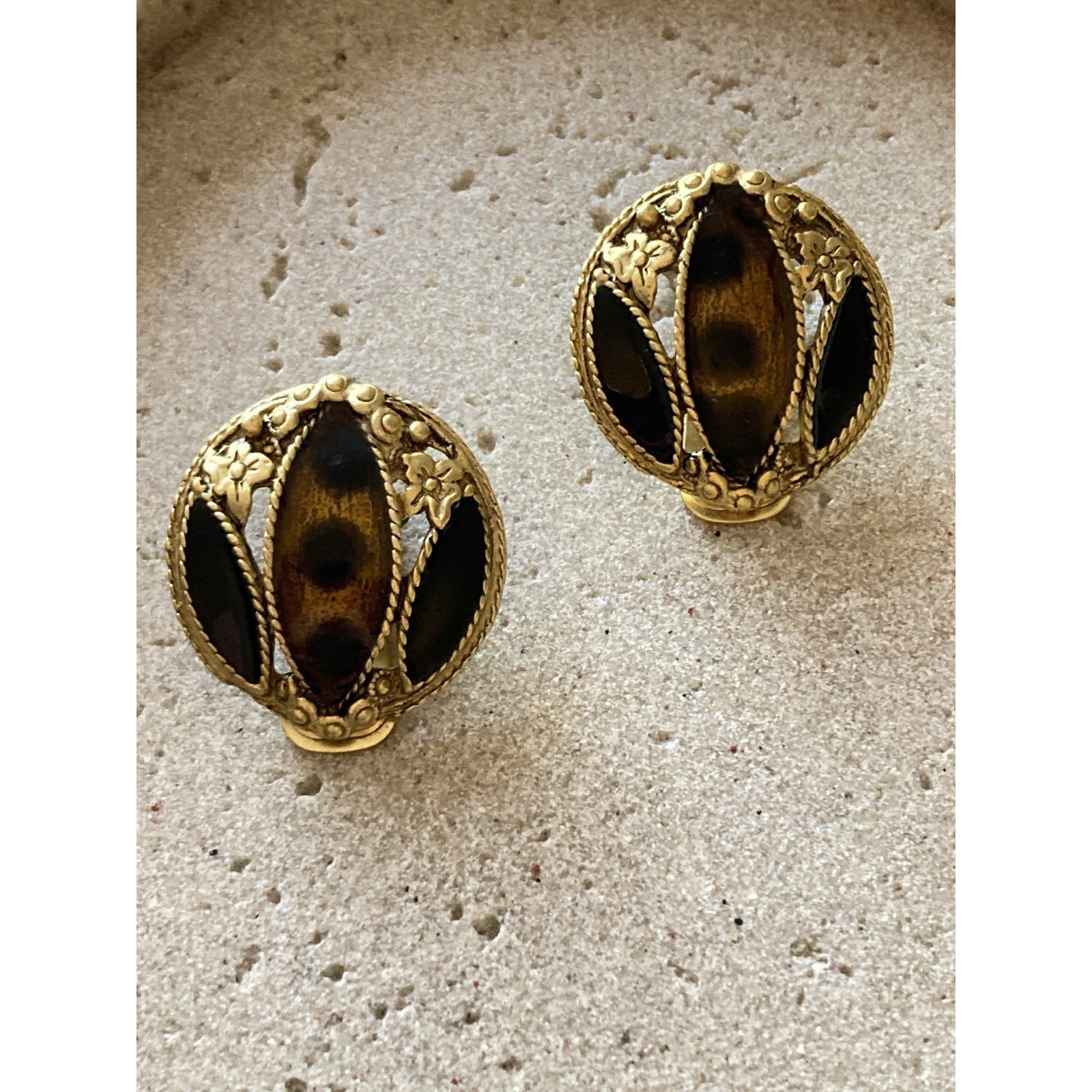 Gold Tone Clip On Earrings With Faux Tortoise Shell Oval Chunky Statement Glam 20$